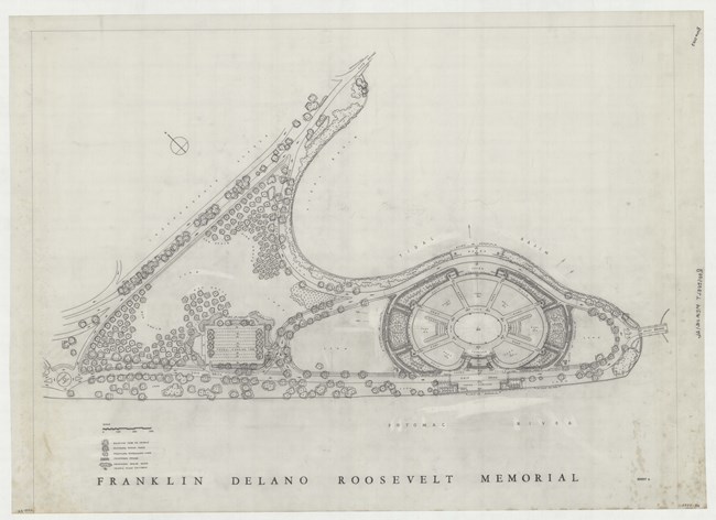 Pencil drawing of Roosevelt Memorial, with a circular center area, and an open grassy space in a triangular shape.
