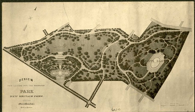 Plan for park with large open area called the common, many curved paths lined with trees crossing through the park.
