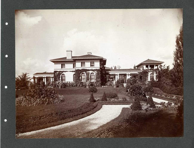 Black and white photograph of large home with vines crawling up the first story. The yard has a large sloping yard dotted with shrubs