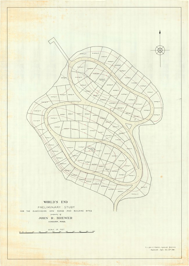 Drawing of plan for World's End, with hundreds of semi-rectangular plots of land and a circular road that swivels through the whole plan