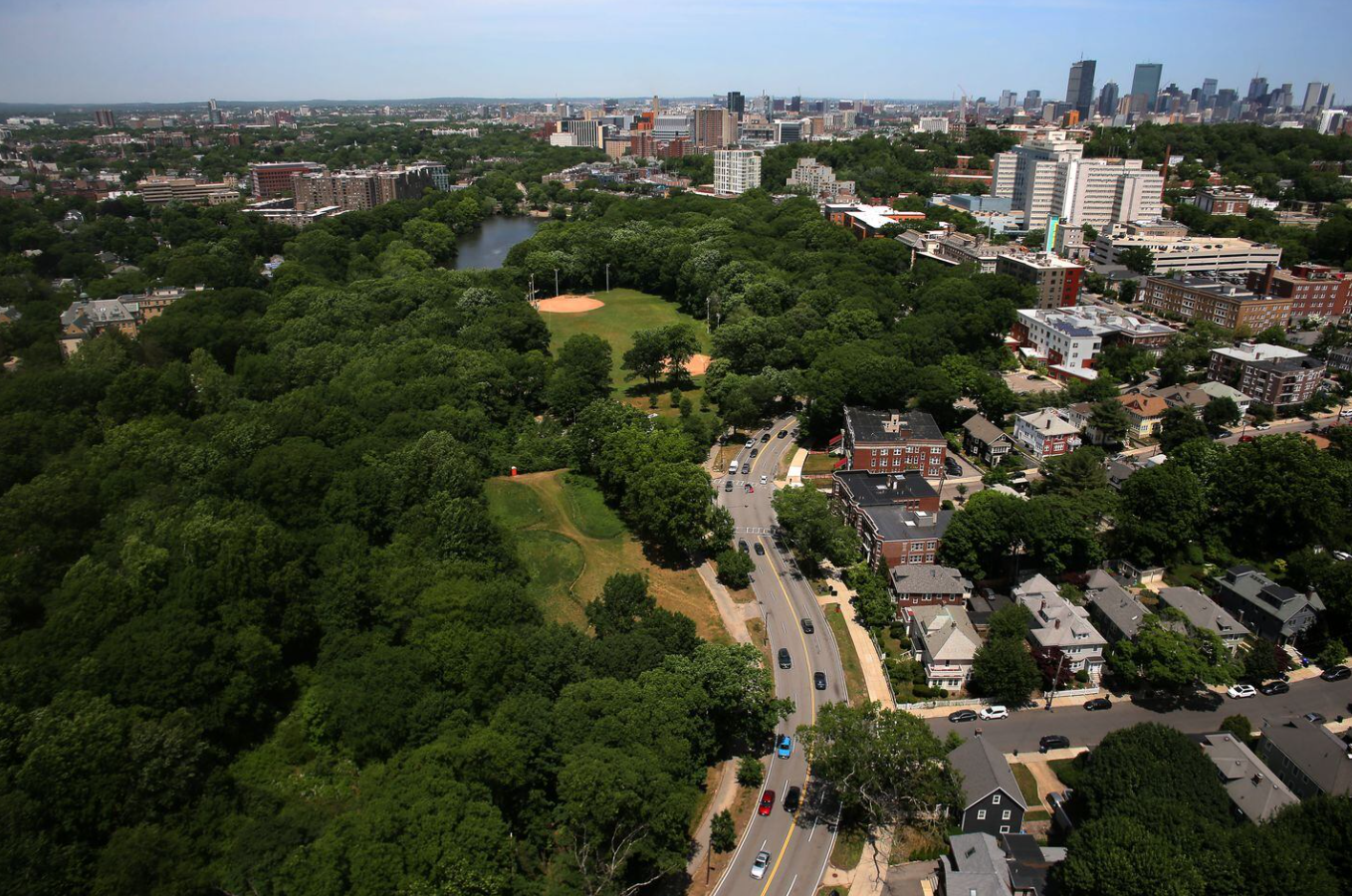Aerial of green space next to city streets and buildings