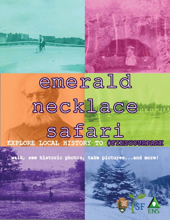 6 brightly colored squares over historic images announcing emerald necklace safari