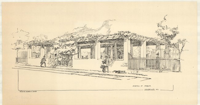 Pencil sketch of shelter with vines crawling up it with people sitting inside and walking outside.
