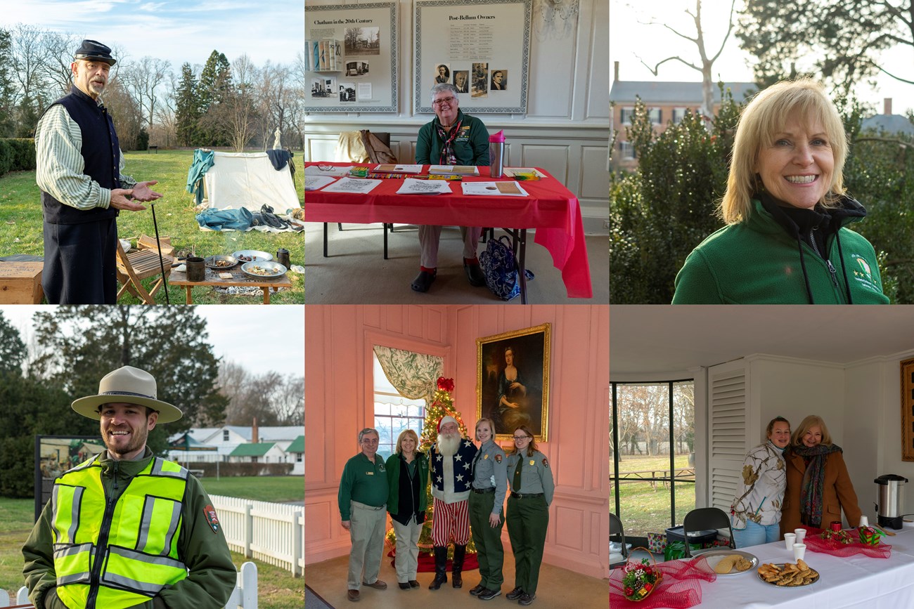 A collage of photographs of staff, friends, and volunteers at Christmas at Chatham event