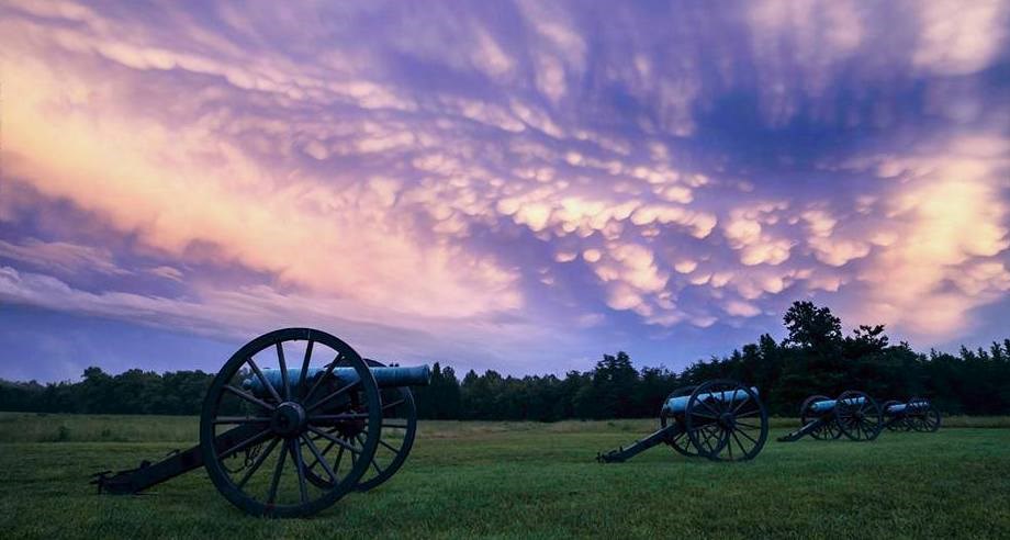 Cannon at Fairview on the Chancellorsville Battlefield under a pink and purple sky