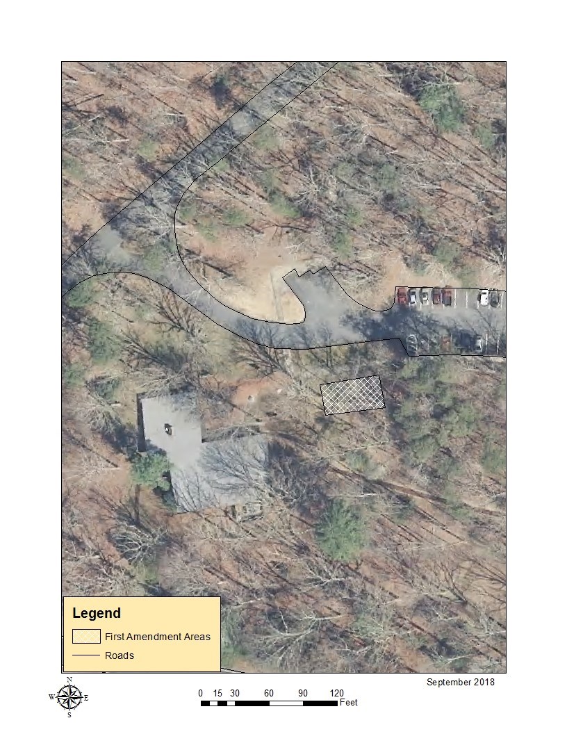 Aerial view of the Chancellorsville Visitor Center with the 1st Amendment area demarcated