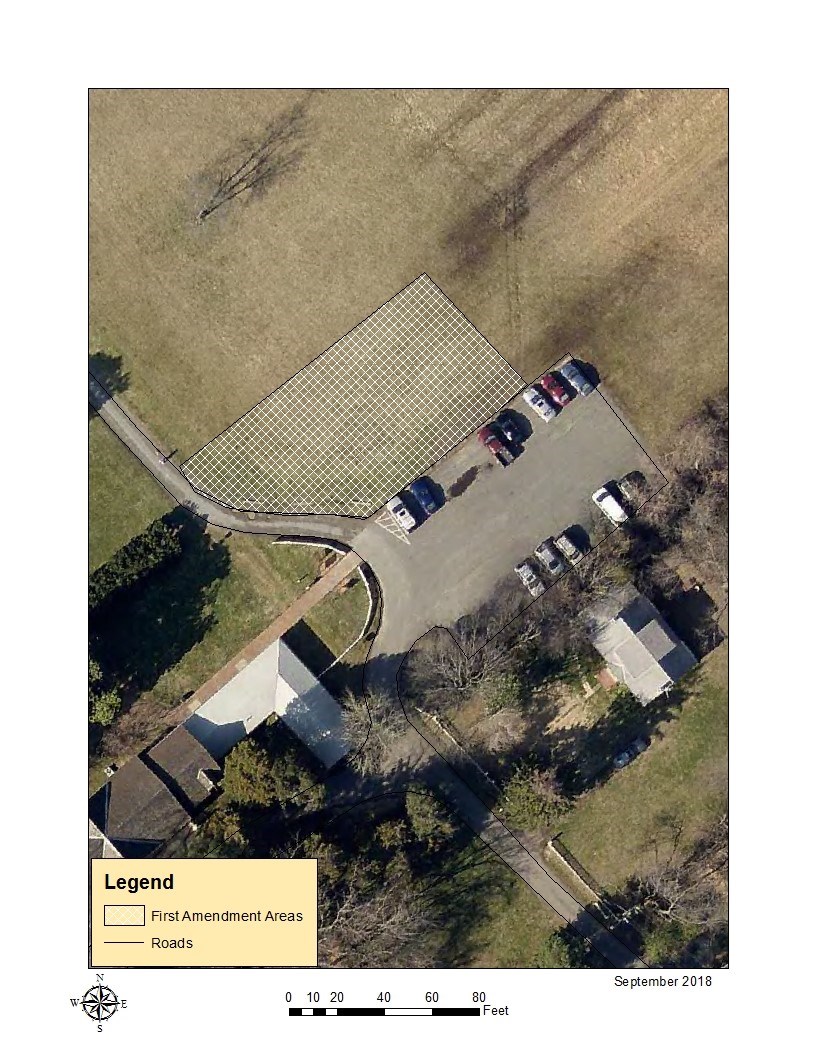 Aerial view of Chatham complex with 1st Amendment area demarcated
