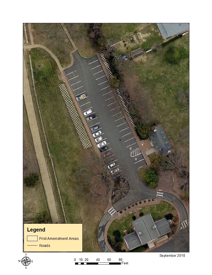 Aerial view of Fredericksburg Visitor Center with 1st amendment area demarcated