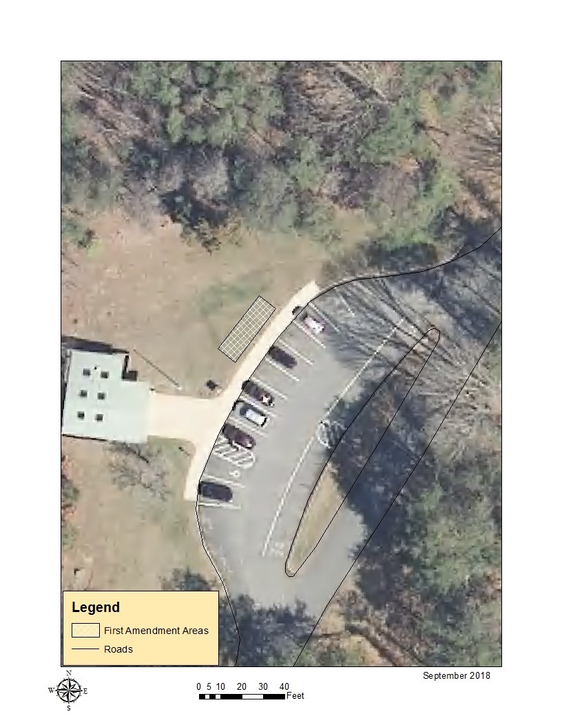 Aerial view of Spotsylvania Exhibit Shelter with 1st amendment area demarcated