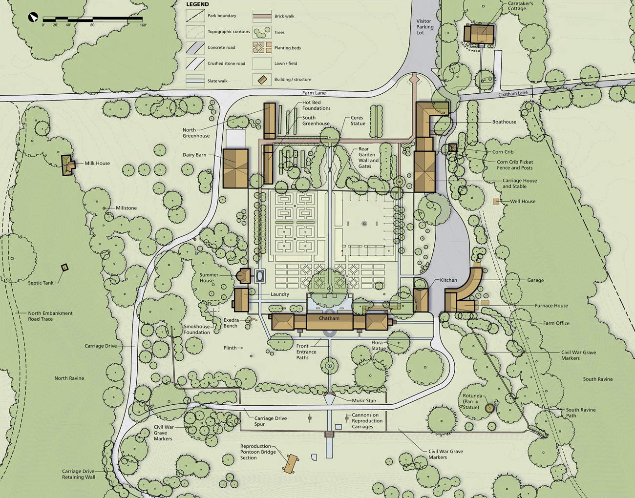 A map showing major buildings and topography around Chatham including the main house flanked by laundry and kithen buildings, gardens on one side, and lawn with historical features labelled on the other.