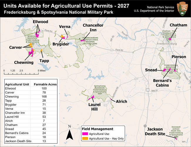 Map Sshowing available plots for agricultural permits on the Fredericksburg & Spotsylvania National Military Park