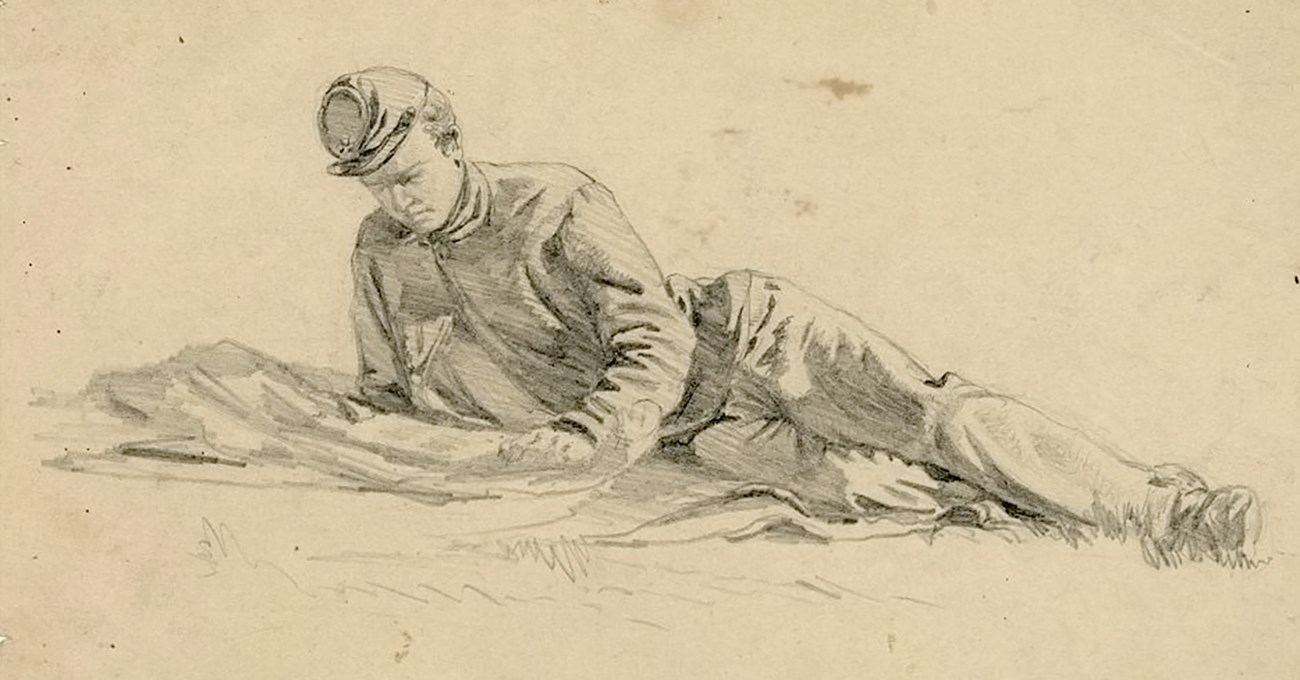 Pencil sketch of young Civil War soldier reading a newspaper
