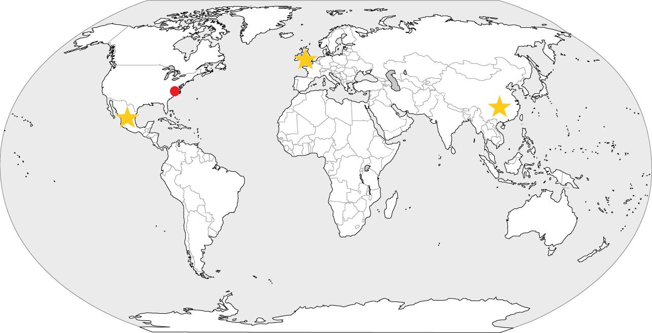 A world map with country outlines, with gold stars over China, Mexico, and Britain