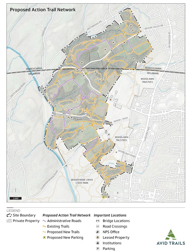 A map of the proposed trails in the Brandywine Valley unit. This map illustrates future trail reroutes or modifications. For a fully accessible version click the PEPC link below.