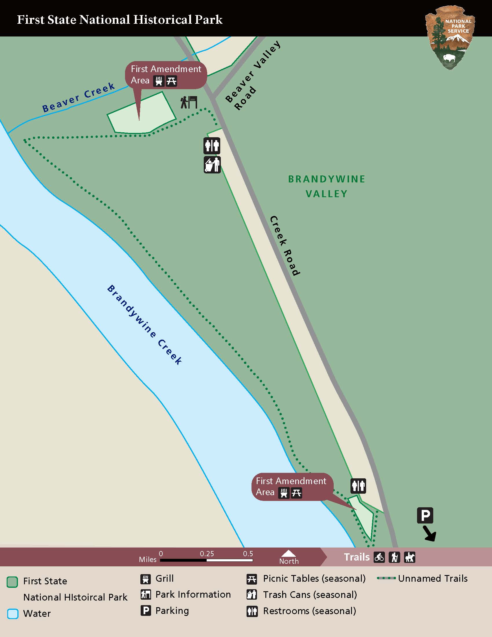 A map of the Smith Bridge picnic area with a first amendment area at both the north and south end of the parking lot.