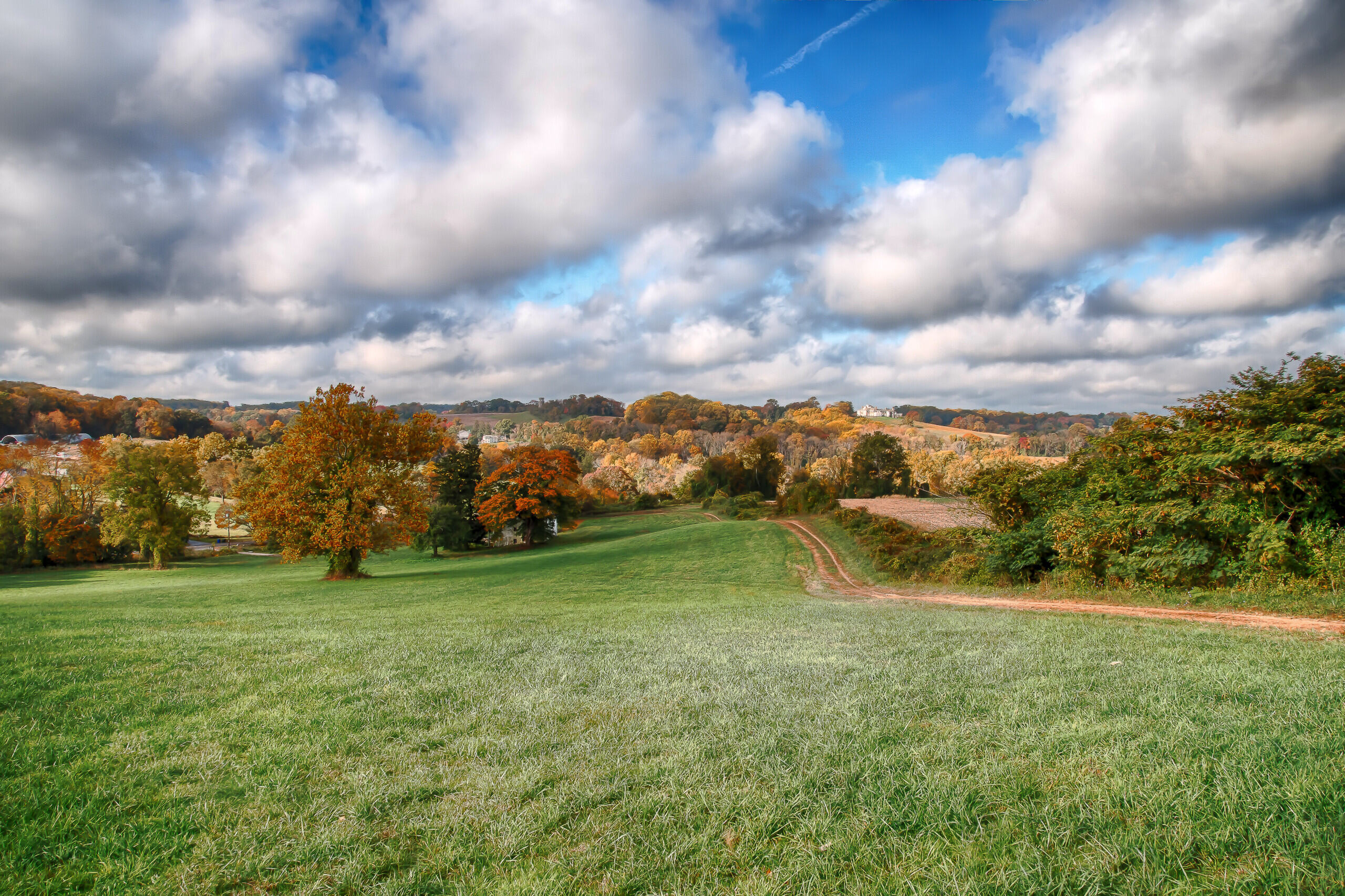 A administrative road leads downhill surrounded by vibrant colored fall leaves.