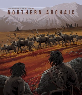 A drawing showing prehistoric hunters stalking caribou. A detail from the 2015 Alaska Archaeology Month poster.