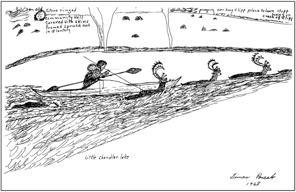 1967 Simon Paneak drawing of a hunter in a qayaq spearing caribou as they cross a river