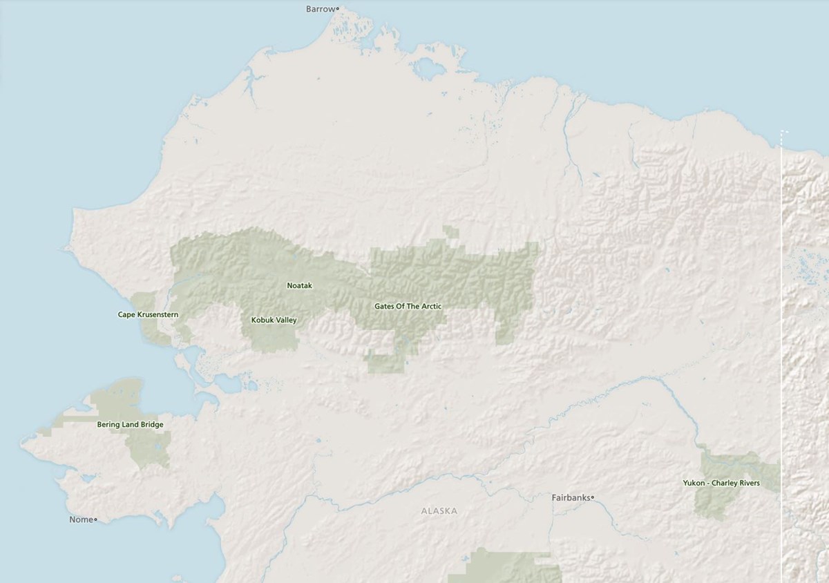 View of a map depicting National Park Service units in northern Alaska, including Gates of the Arctic