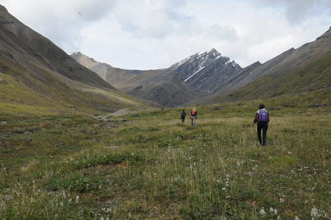 Three hikers walk through a shallow valley towards mountains in the background