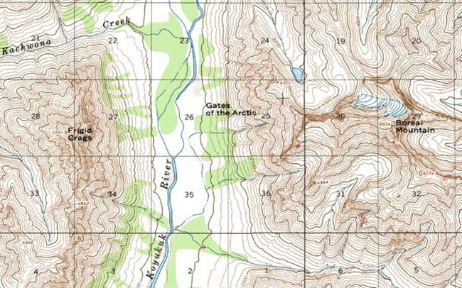 Section of a topographic map showing the Gates of the Arctic, Boreal Mountain and Frigid Crags, above the Koyukuk River
