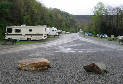 a row of tents and several RVs in a crowded campground