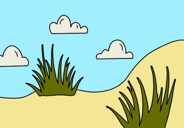 a cartoon drawing of two patches of grass on a sand dune