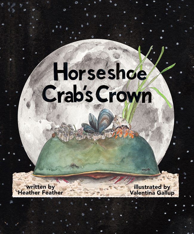cover of Horseshoe Crab's Crown book showing an illustration of a horseshoe crab with mussels on its head in front of a full moon.