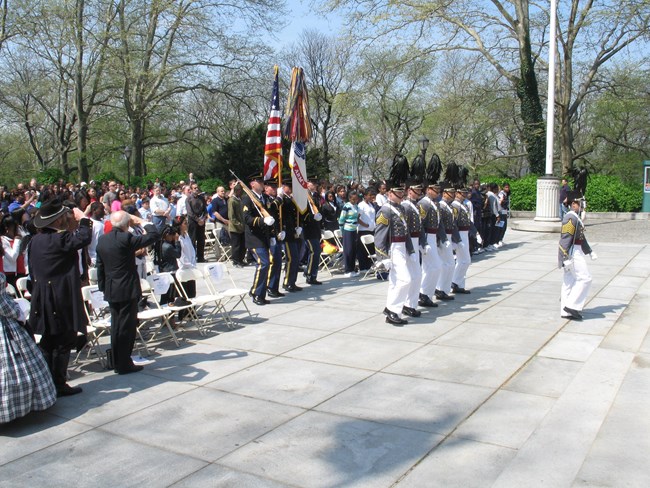 West Point Color Guard approaches podium for General Grant's annual birthday observance.