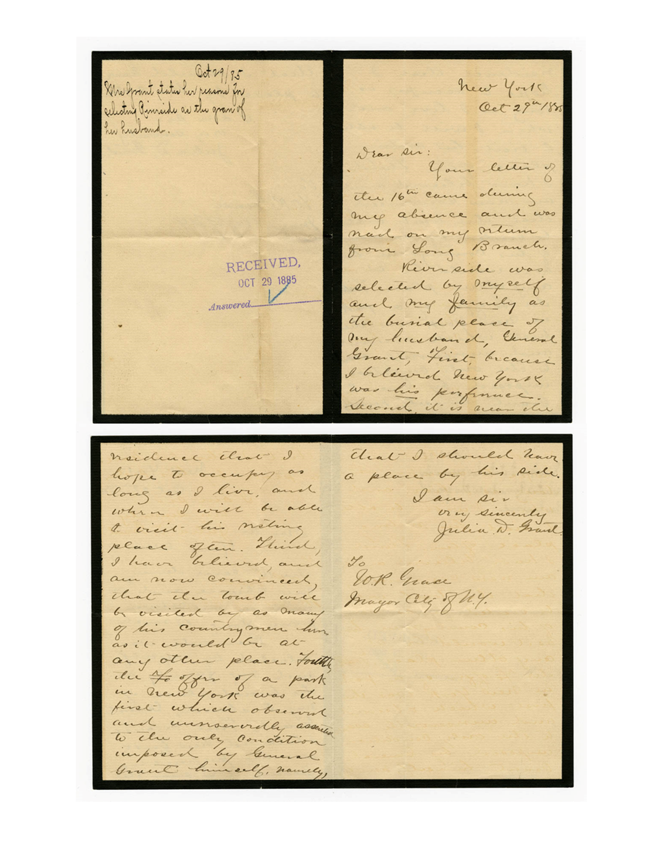 Two images of the beginning of Julia's letter to Mayor Grace, and second image of the end of her letter, written on tan paper with black cursive handwriting