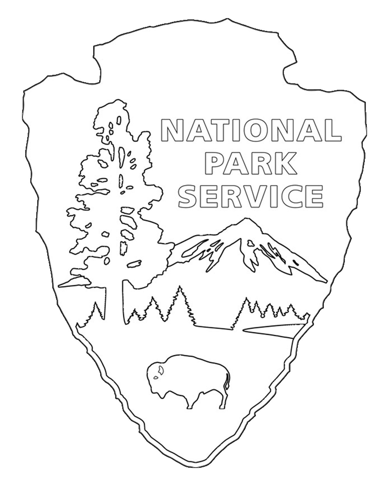 Black and white outline of National Park Service emblem featuring a bison on the bottom, landscape of trees and mountains above, and National Park Service text on upper right
