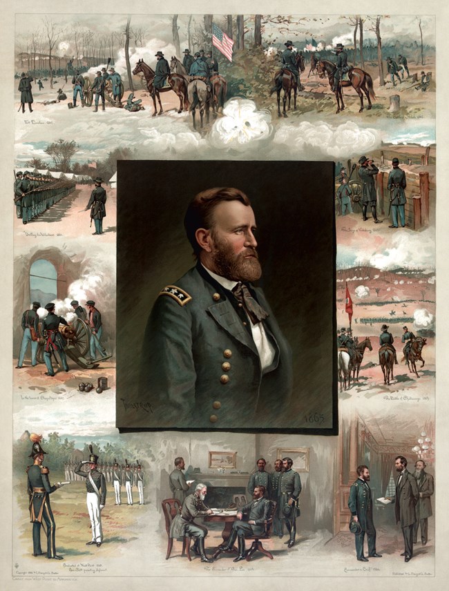 Graphic of Ulysses S. Grant facing right in the center, of mini images depicting important moments throughout Grants life