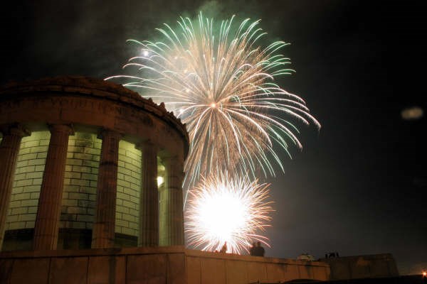 Fireworks behind the Clark Memorial