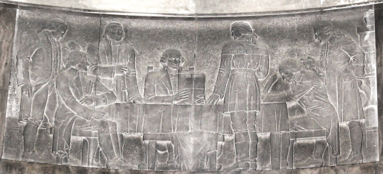 Bas-Relief in stone depicting George Rogers Clark receiving orders from Patrick Henry