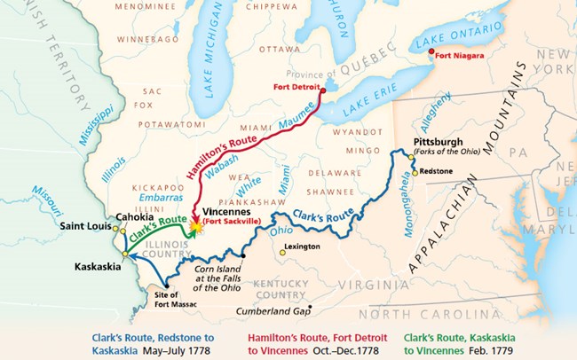 A color map showing the routes taken to Vincennes by Henry Hamilton and George Rogers Clark