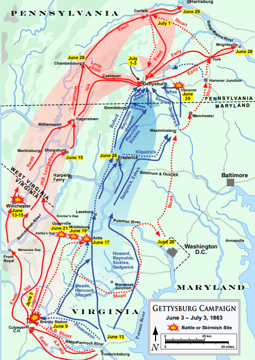 A map showing the movements of the Confederate States and United States armies from central Virginia toward Gettysburg, Pennsylvania. Confederate forces are indicated by red arrows; U.S. forces are indicated by blue arrows.