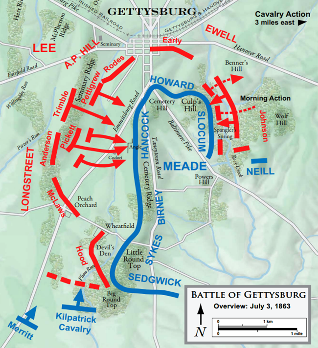 Map showing the battle action of July 3, 1863, the third and final day of battle at Gettysburg; Confederate forces are indicated in red; United States forces are indicated in blue