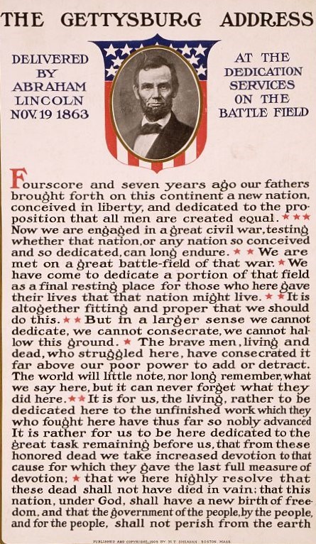 A print with a portrait of Abraham Lincoln and featuring the words of the Gettysburg Address