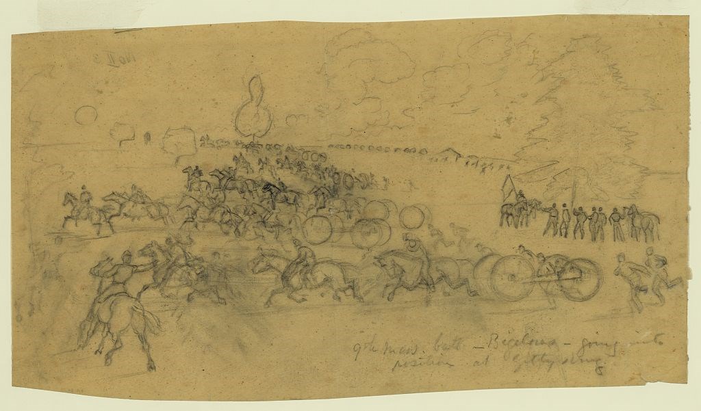 Sketch of horses pulling Civil War cannons into position during the battle of Gettysburg