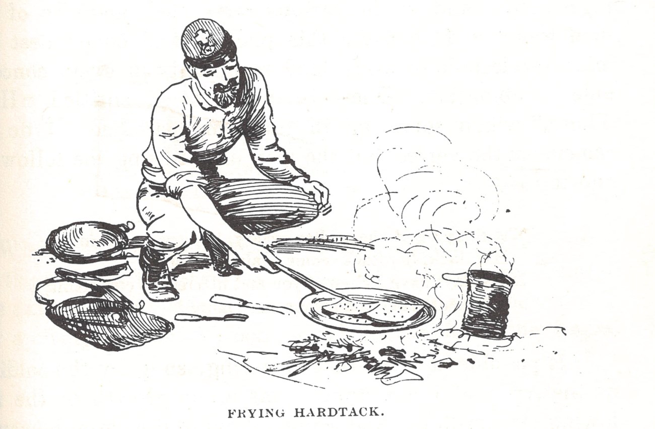 Sketch of a U.S. Civil War soldier frying hardtack in a pan over a fire.