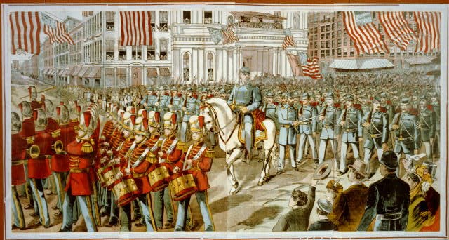 Colorized print of Union soldiers and band marching through a city street on their way to join the Civil War