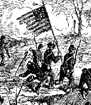 Sketch of Civil War Soldiers advancing into battle; one man is carrying and American flag
