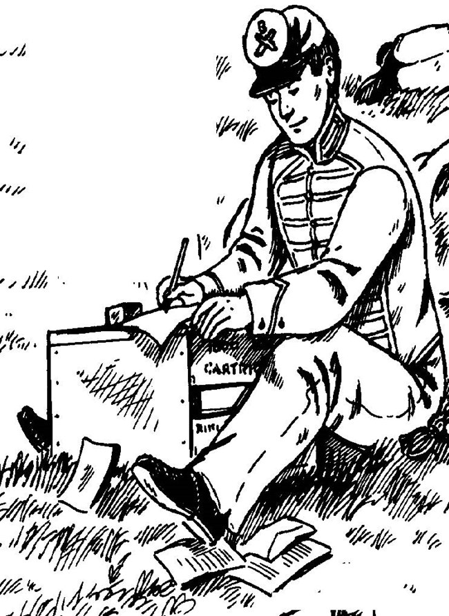 Sketch of a U.S. Civil War artillery soldier writing a letter on an ammunition box.