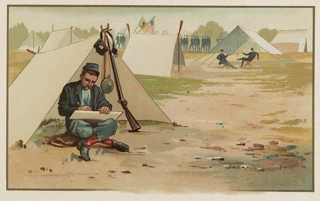Painting of a Union soldier making a drawing while sitting in front of tent at army camp]