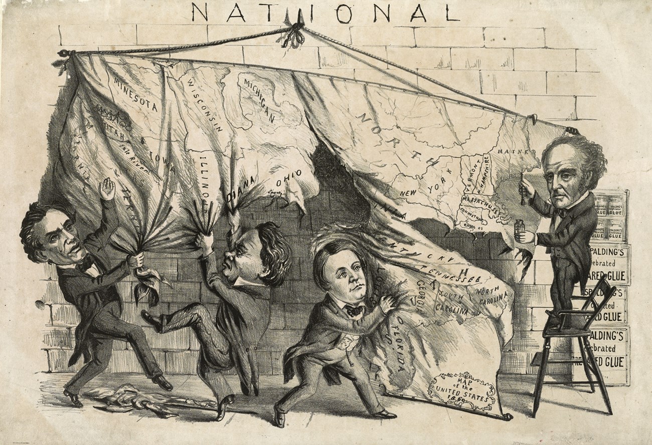 Greyscale political cartoon from 1860 showing four men tearing apart a map of the United States.