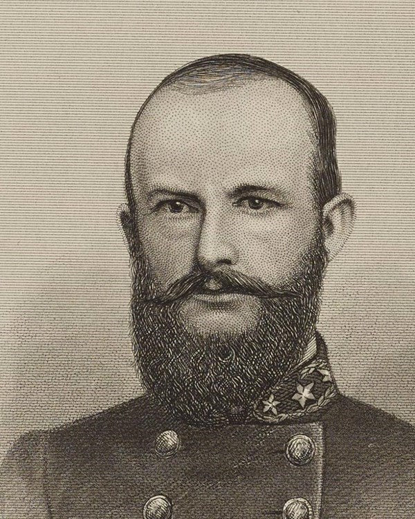 Sketched image of a bald man with a beard in a military uniform
