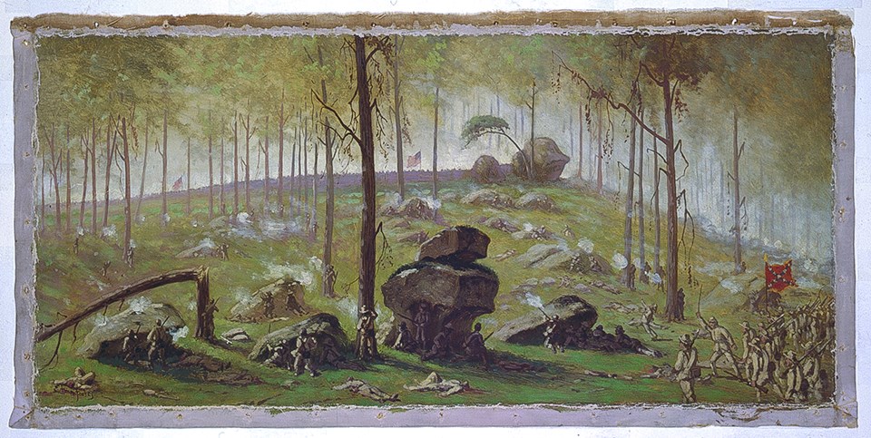 A painting of the slope of Culp's Hill. Confederate soldiers move up the hill from the bottom right corner and use some of the large boulders for cover. Through the thin trees a Union line of soldiers line the crest of the hill.