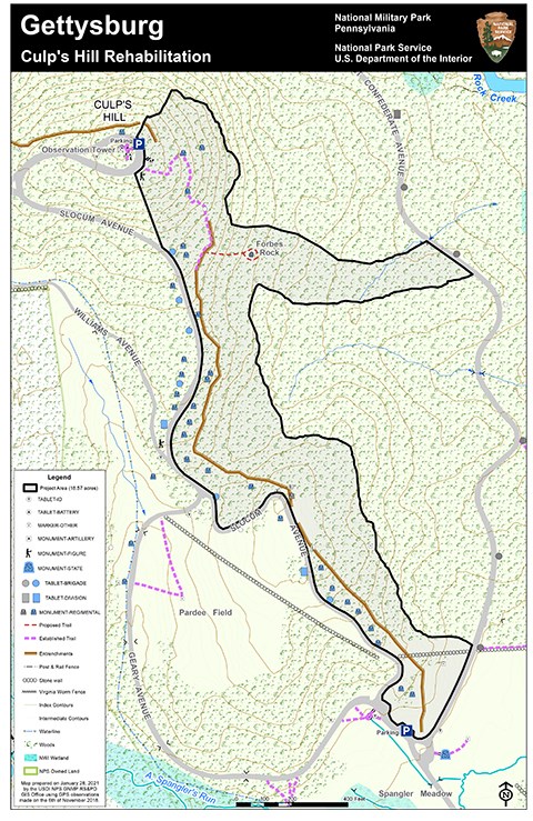 A color map of the Culp's Hill area of the battlefield. A black line outlines the 18 acres of this project area. A dark yellow line denotes earthworks and pink lines denote trails.