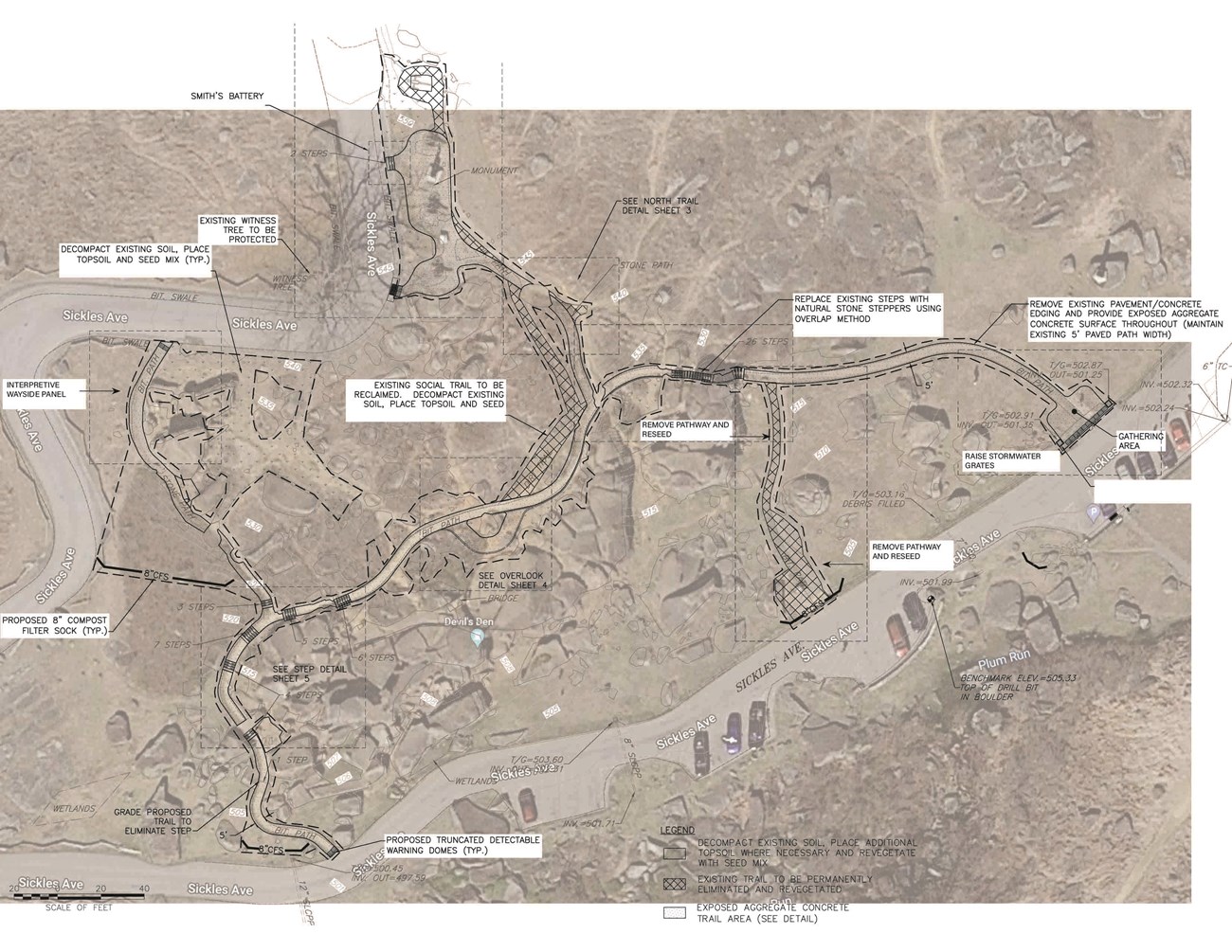 A color map, with a black and white overlay, that shows existing trails and construction plans in Devil's Den.