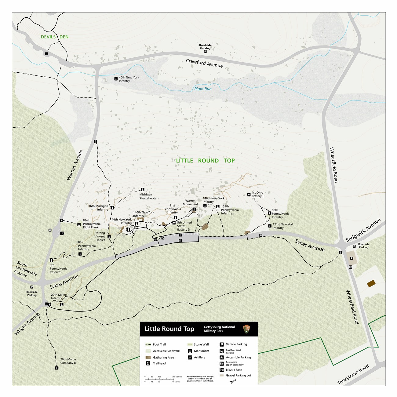 A map of the Little Round Top area showing trails, trailheads, parking, and icons for monuments and cannons.